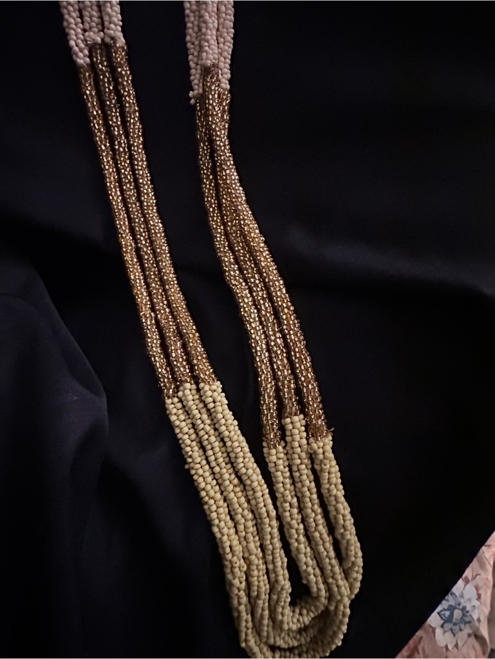 Multi-Strand Beaded Necklace in Cream, Gold and green